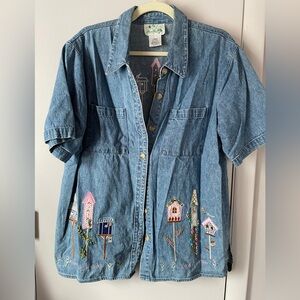 Vintage Denim Shirt with Embroidered Birdhouses